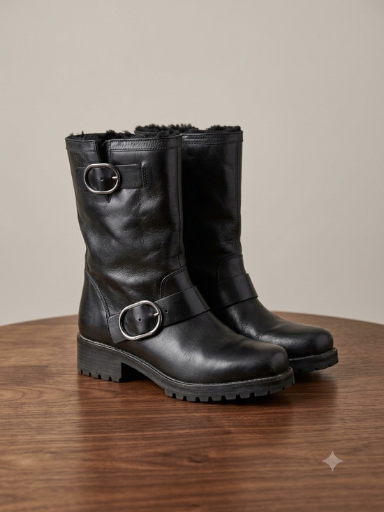 Michael Kors Shoes - Michael Kors Black Leather Buckle Moto Boots with Shearling Trim